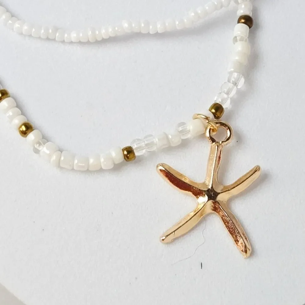 Starfish Beaded Anklet Stack Set 2pcs Gold Charm White Blue Bead Ankle Bracelet